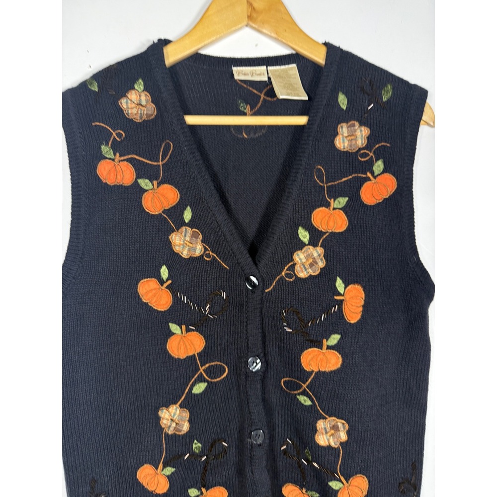 Bobbie Brooks Vintage Pumpkin Embroidered Knit Sweater Vest Black Medium Fall